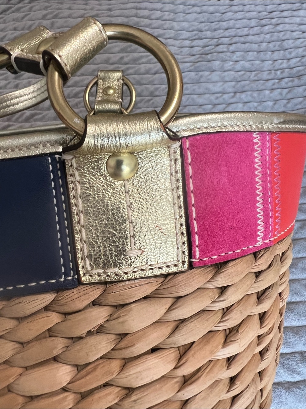 Coach Multicolor Stripe Straw Tote with Gold Accents - Picture 7 of 13